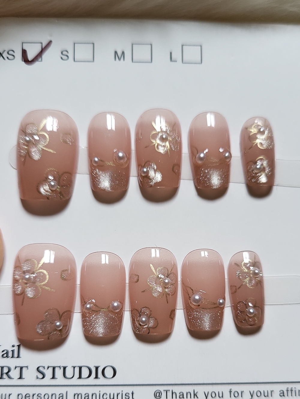 (XS)🎀Premium Nail Art Pink w/Pearl Flower Press On Nails